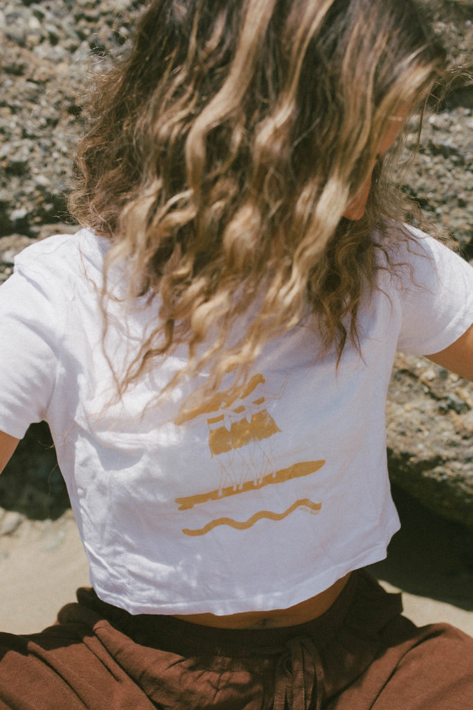 close up portrait of model wearing Saltee Hawaii, graphic tee