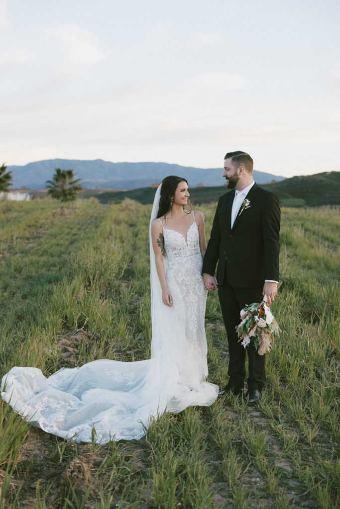 bride and groom are holding hands and looking at eachother in a field with mountains in the back