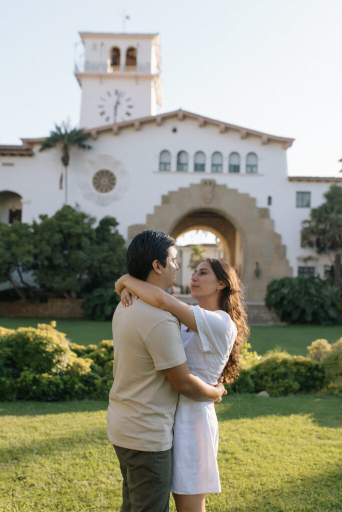 Engagement Photos of couple at santa Barbra courthouse