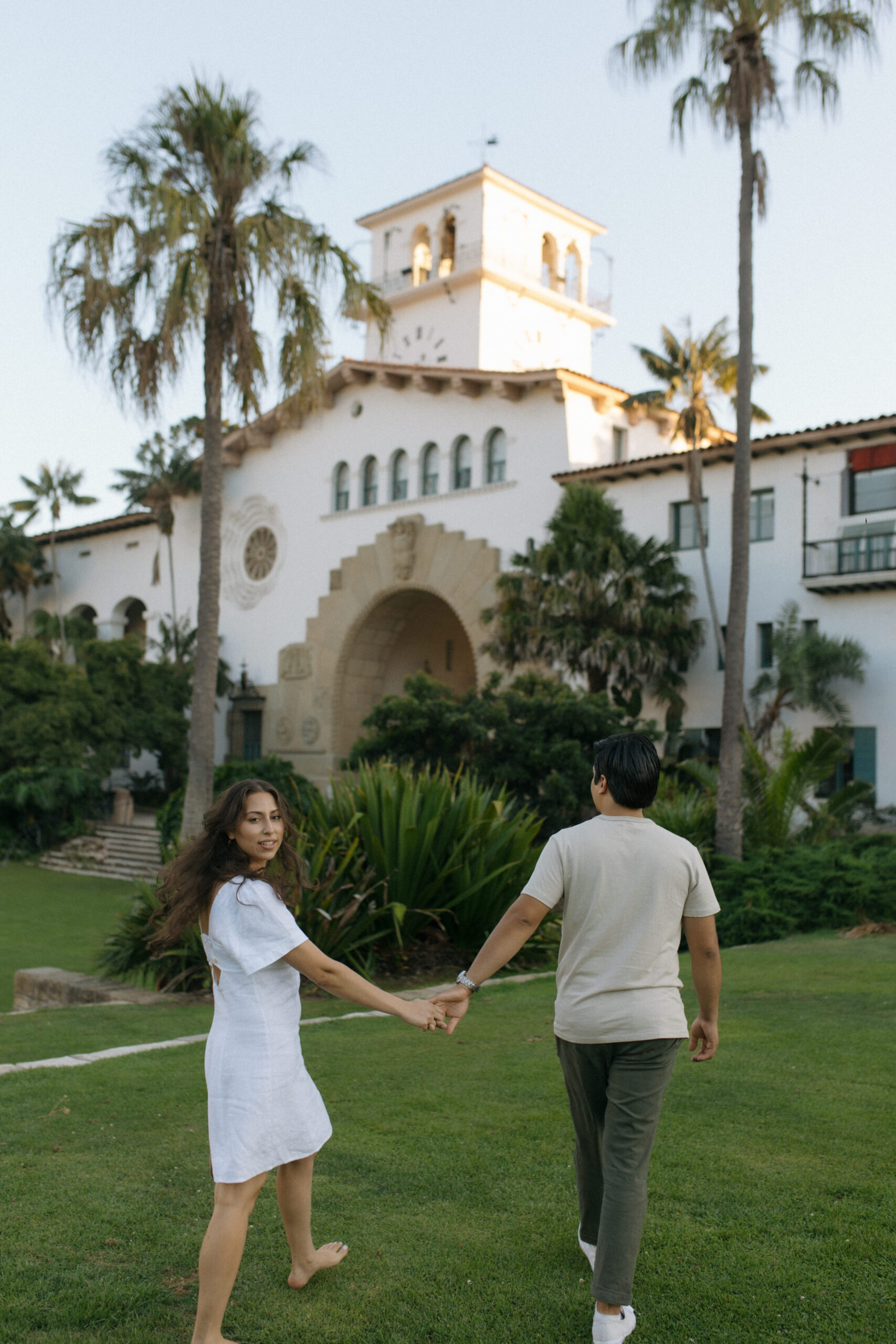 Engagement Photos of couple at santa Barbra courthouse